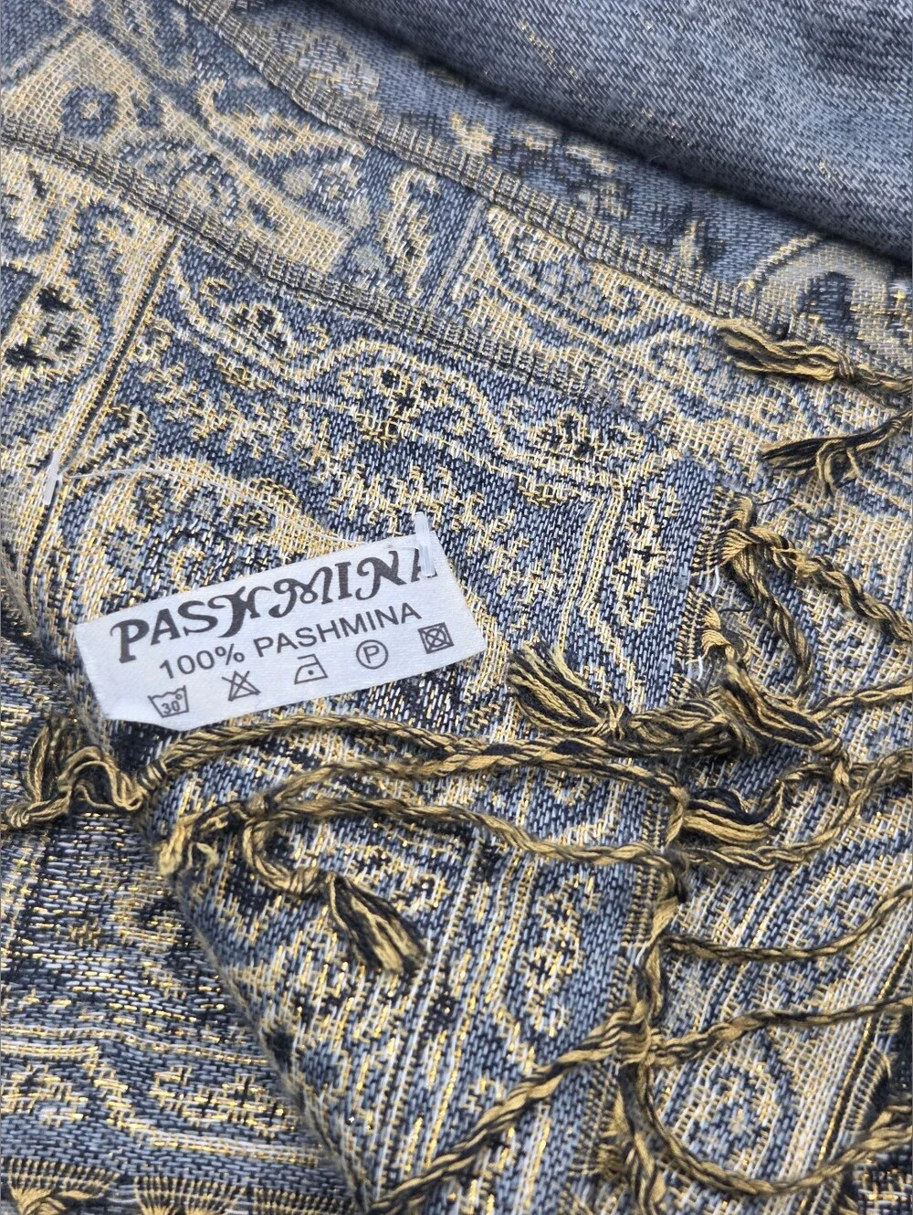 NEW Pashmina slate blue and gold jacquard paisley shawl
